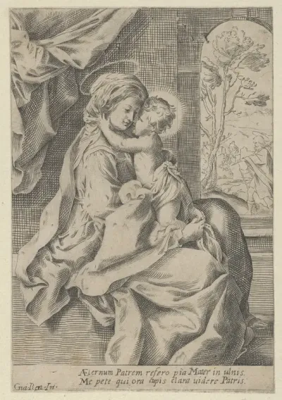 The Virgin seated with the Christ Child on her lap embracing her, St Joseph seen through an archway at right, after Reni
