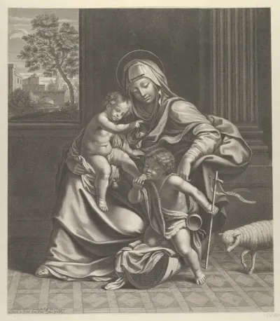 The Virgin seated with the infant Christ on her lap, the young Saint John the Baptist kneeling on Christ's cradle and caressing his foot, a lamb at right, after Reni