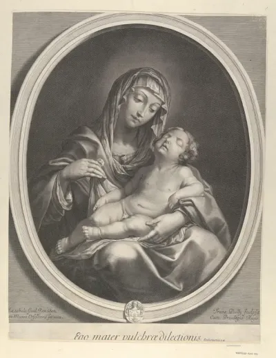 The Virgin seated with the infant Christ sleeping in her lap, in an oval frame, after Reni