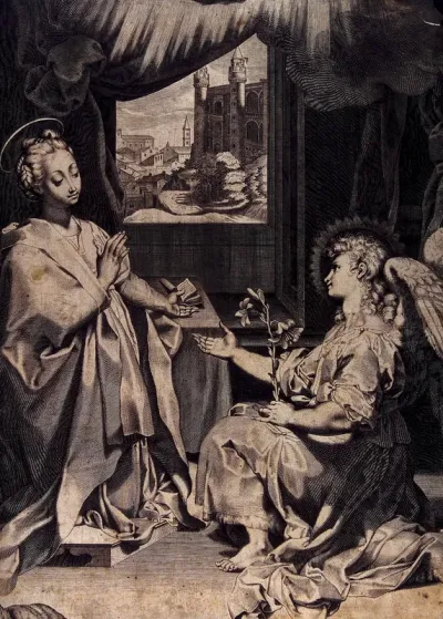 The Virgin sets aside her Bible as the angel appears, holding out his hand and bearing lilies