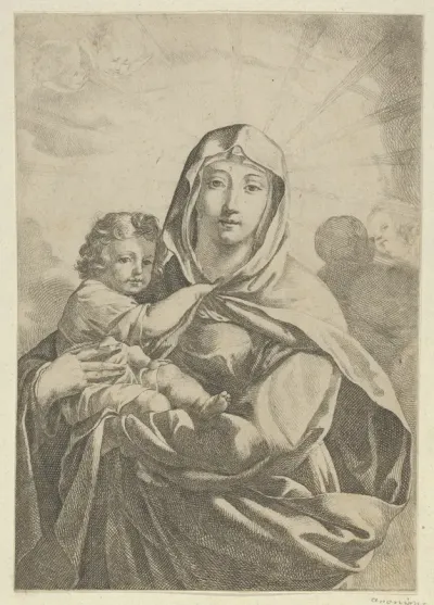 The Virgin standing facing front and holding the infant Christ, angels behind them in the clouds
