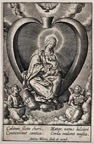 The Virgin suckling the Christ Child sitting in the believer's heart, accompanied by two angels singing and playing a string instrument