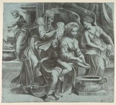 The Virgin washing the Christ Child accompanied by figures and an angel at right