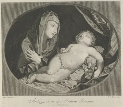 The Virgin with arms crossed over her chest looking at the sleeping infant Christ, in an oval frame, after Reni