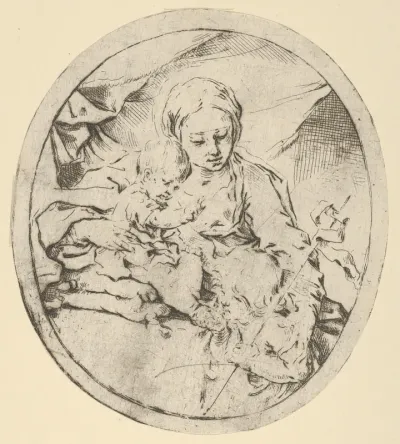 The Virgin with the infant Christ seated on a cushion and the young Saint John the Baptist at his feet, an oval composition
