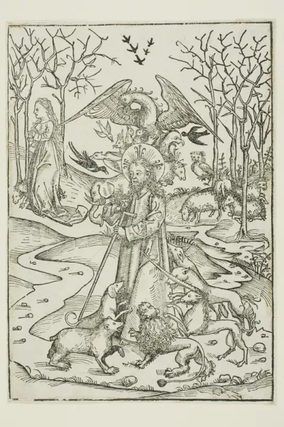 The Virtues of Christ and the Wickedness of His Enemies Symbolized by Diverse Birds and Beasts (verso); The Last Supper (recto), pages 66 and 65 from the Treasury (Schatzbehalter)