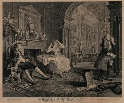 The viscount sits despondent in a chair, his wife indicates tiredness by stretching her arms, while a disapproving steward exits carrying a handful of bills