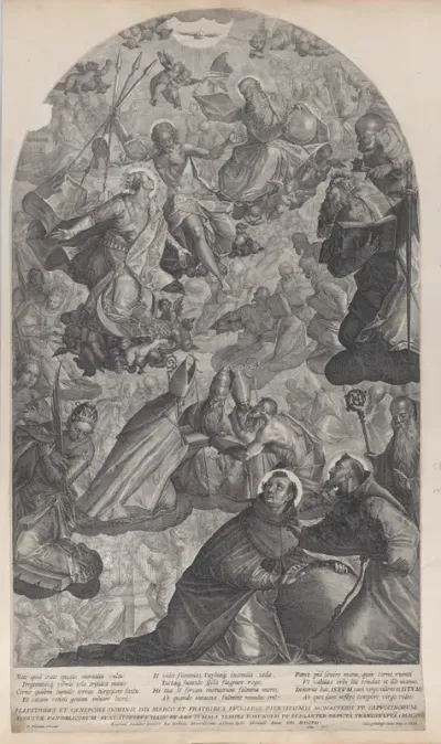 The vision of Saint Dominic, with God the Father and Christ at top center, the Virgin standing below on the crescent moon, and Saint Francis of Assisi and Saint Dominic in the foreground