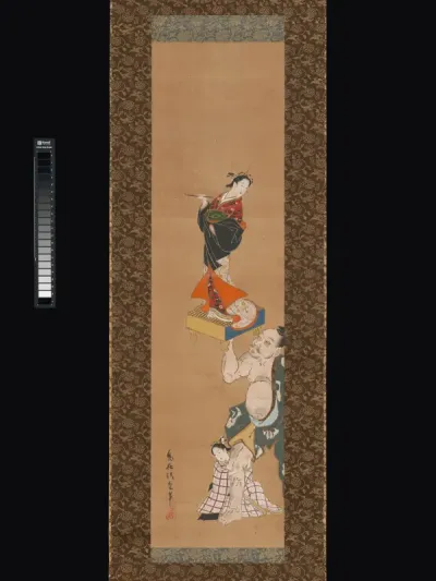 The Warrior Asahina Yoshihide Lifting a Puppet of a Courtesan on a Go Board