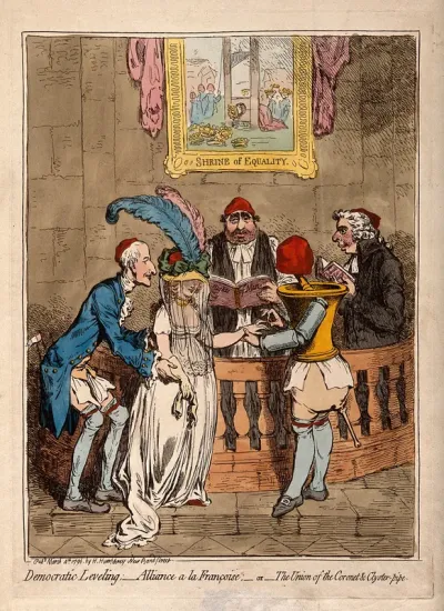 The wedding of Lady Lucy Stanhope to Thomas Taylor, a surgeon-apothecary: the bride is given away by her father Earl Stanhope, while Fox and Sheridan officiate