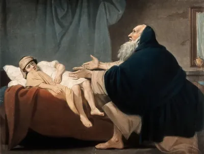 The widow's son, empty-eyed, returns to life at the prayer of Elijah