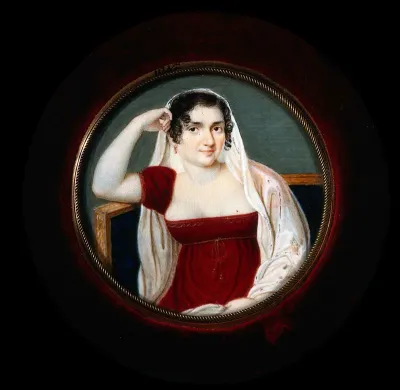 The "wife of a Venetian physician", wearing a red dress, seated