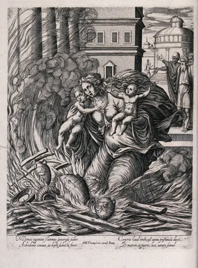 The wife of Hasdrubal the Boetharch, seeing the defeat of Carthage by the Romans, throws herself and her children into a blazing temple in front of distressed onlookers
