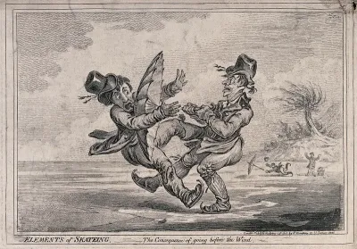 The wind has caught the umbrella of a man who is skating, causing him to collide with another man