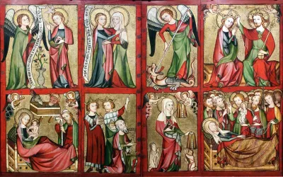 The Wings of the Altenberg Altarpiece Left wing: Annunciation, Visitation, Nativity, Adoration of the Magi Right wing: St. Michael, Coronation of the Virgin, St. Elizabeth, Death of the Virgin
