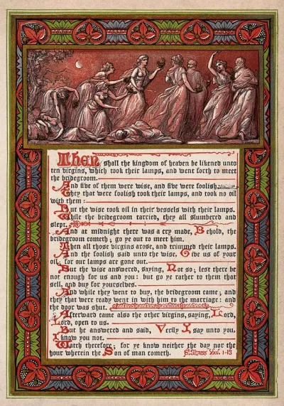 The wise virgins take their lamps to the newly married couple; the foolish virgins sleep