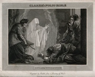 The witch of Endor conjures up the ghost of Samuel at the request of Saul, who lies petrified on the ground