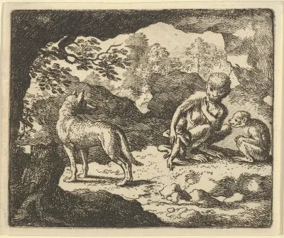 The Wolf in in the She-Monkey's Cave Where the Renard Convinced Him to Enter in Order to Make Fun of Him  from Hendrick van Alcmar's Renard The Fox