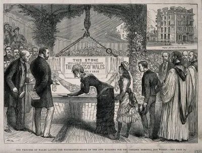 The Women's Hospital, Chelsea: The Princess of Wales laying the foundation stone and, inset, a view of the whole hospital
