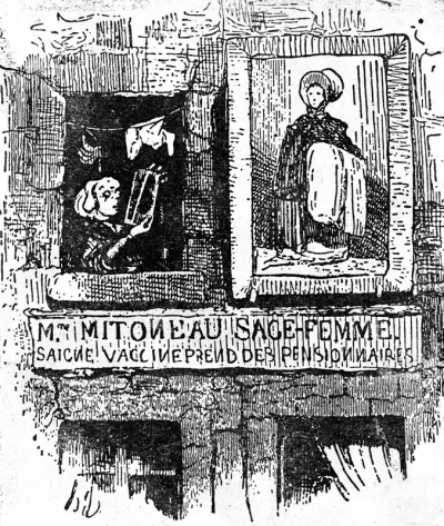 The workplace of a female healer (midwife and surgeon), with signboard, from outside