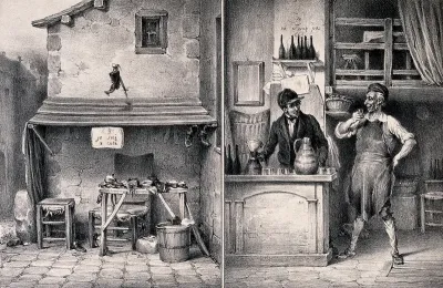 The workplace of a shoemender next to a tavern: the shoemender has gone next door for a drink in the company of the barman