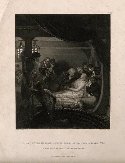 The wounding of Lord Nelson on the deck of HMS Victory at the battle of Trafalgar