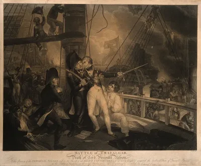 The wounding of Lord Nelson on the deck of HMS Victory at the battle of Trafalgar
