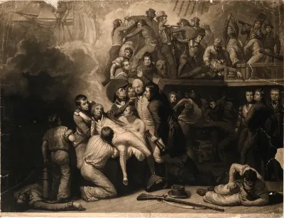The wounding of Lord Nelson on the deck of HMS Victory at the battle of Trafalgar