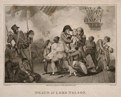 The wounding of Lord Nelson on the deck of HMS Victory at the battle of Trafalgar