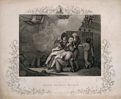 The wounding of Lord Nelson on the deck of HMS Victory at the battle of Trafalgar