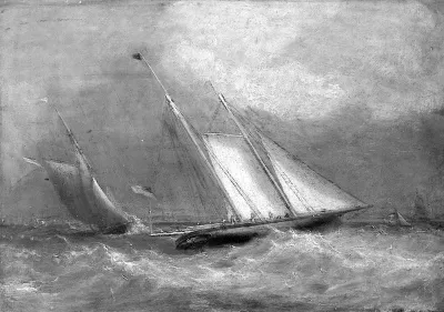 The yacht America racing against the Pearl