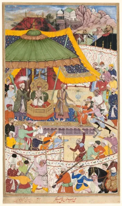 The Young Emperor Akbar Arrests the Insolent Shah Abu’l-Maali, Page from a Manuscript of the Akbarnama