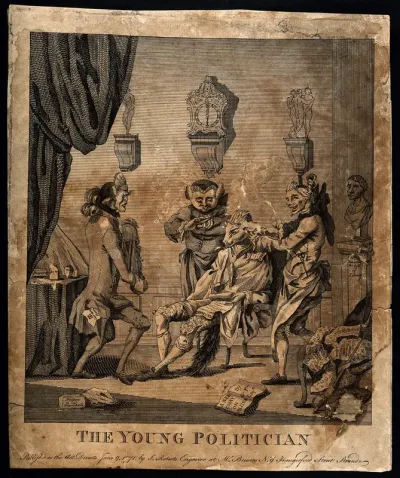 The young foppish politician Charles James Fox having his hair dressed; represented by a fox with pages from the Magna Charta as curl-papers