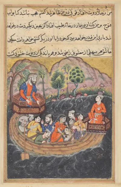 The young man of Baghdad joins the Hashimi’s boat as a sailor to find his slave-girl on board, from a Tuti-nama (Tales of a Parrot): Forty-eighth Night