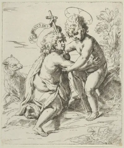 The young Saint John the Baptist kneeling before the young Christ who embraces him, a lamb at left, after Reni