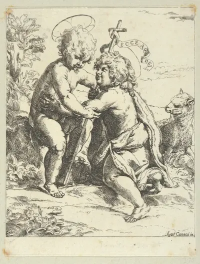 The young Saint John the Baptist kneeling before the young Christ who embraces him, a lamb at right, after Reni