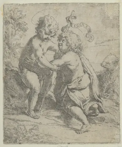The young Saint John the Baptist kneeling before the young Christ who embraces him, a lamb at right