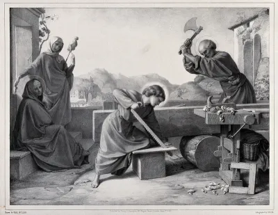 The youthful Christ helps Joseph with his carpentry; Mary and Anne look on