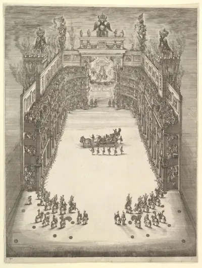 Theater at Modena, seen from above and filled with spectators, with a triumphal car at center and horses in formation at lower left and right, from 'La Gara delle Stagioni'