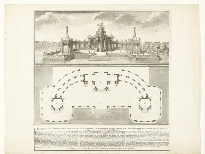 Theater te Den Haag voor het vuurwerk voor de Vrede van Aken, 1749