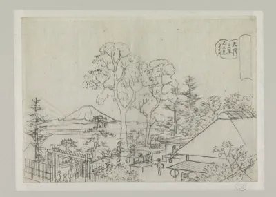 Theehuis met vergezicht over een vlakte met op de achtergrond de Fujiyama