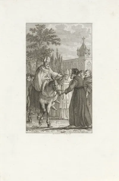 Theodorus op een ezel omringd door bisschoppen en monniken