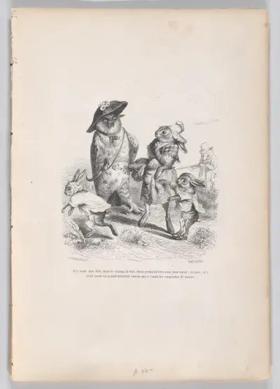 There was once, in the camp there, two little hares with their sister, and then there was also a big bad bird who wanted to stop them from passing, from "Scenes from the Private and Public Life of Animals"