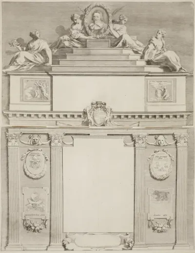 Thesenblatt mit dem Porträt des Nicolas de Bailleul in einer architektonischen Struktur