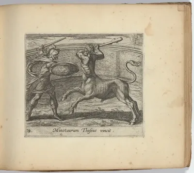 Theseus and the Minotaur (Minotaurum Theseus vincit), plate 74 from "The Metamorphoses of Ovid" (Metamorphosean Sive Transformationum)