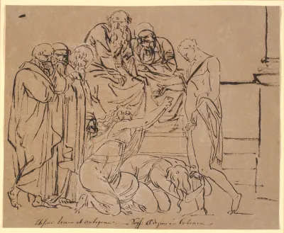 Theseus bønfaldes af Ismene og Antigone. Efter Sophokles