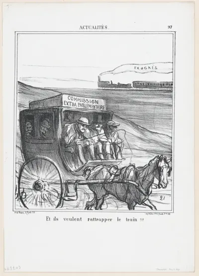 They think they might be able to overtake the train!!!, from 'News of the day,' published in "Le Charivari"