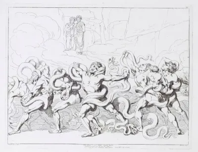 Thieves being tortured by snakes in the 8th circle of Hell, watched by Dante and Virgil