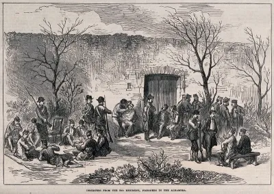 Third Carlist War: deserters from the Spanish army imprisoned in the Alhambra, Granada, supervised in a yard by armed guards
