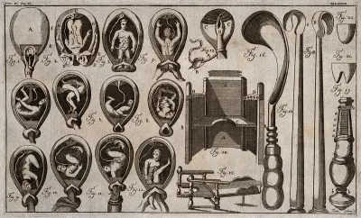 Thirteen diagrams of a child in the womb in various positions; two obstetrical chairs and several obstetrical instruments